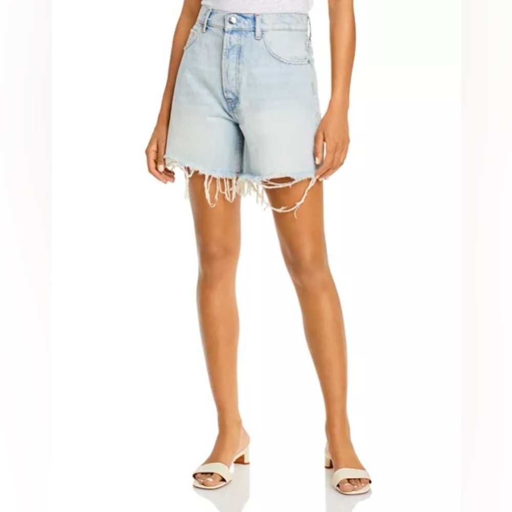 Anine Bing Kit Frayed Cutoff Denim Shorts in Washed Blue